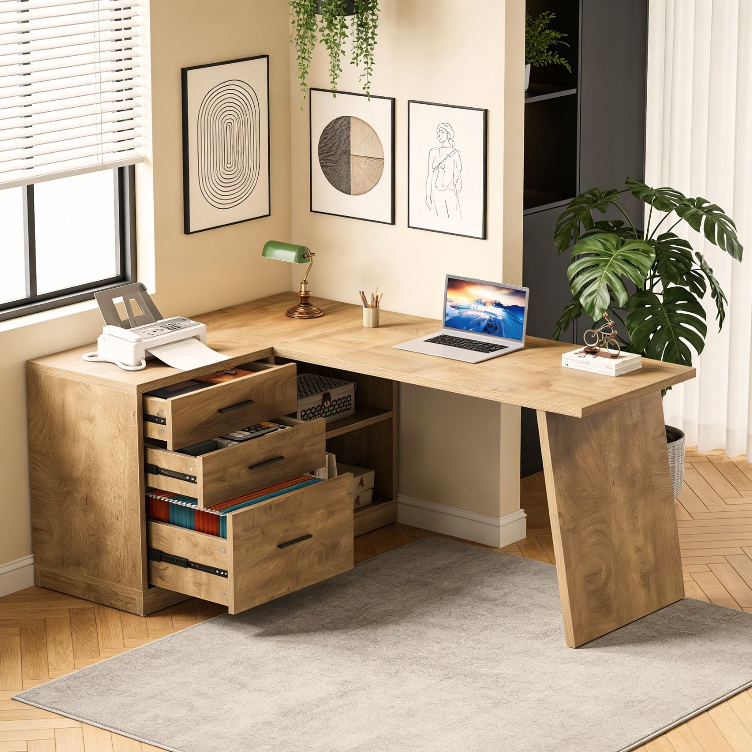 Fnova 55" L Shaped Executive Desk with Drawers, Corner Computer Desk with File Cabinet, Farmhouse Wood Office Desk for Work Writing, Gaming, Brown