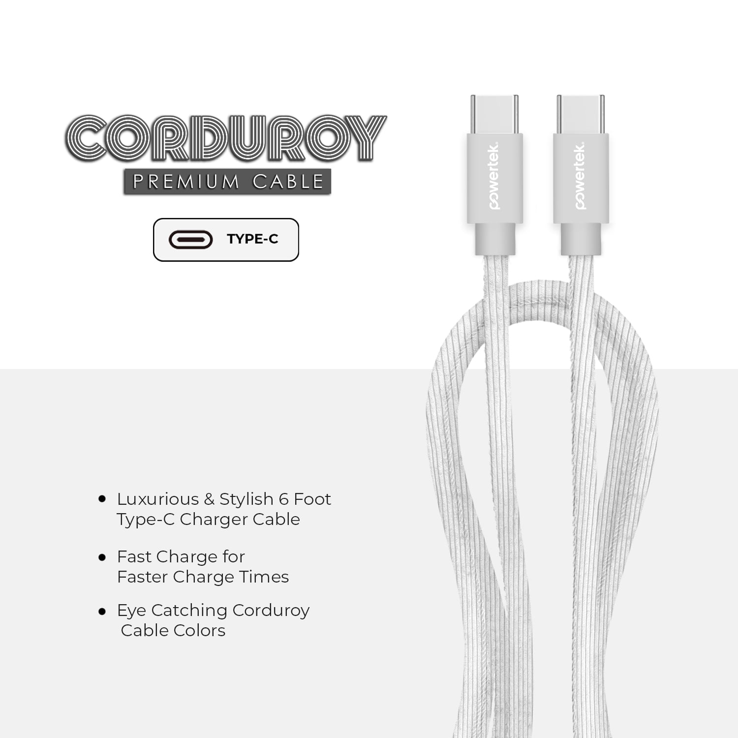 Liquipel Powertek Corduroy USB-C to USB-C - White