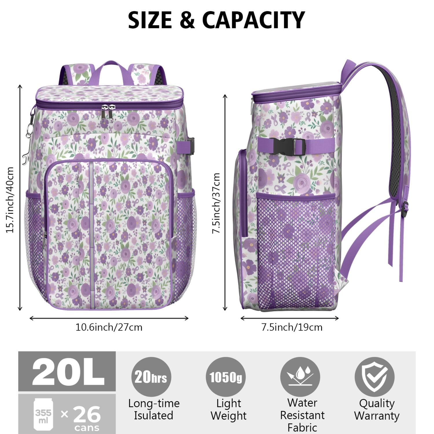 Travel Cooler Bag - Pioneer Flower Floral Print Pattern Camping Beer Cooler Backpack with Bottle Opener- Waterproof Insulated Picnic Backpacks - Cooler Bag for Beach