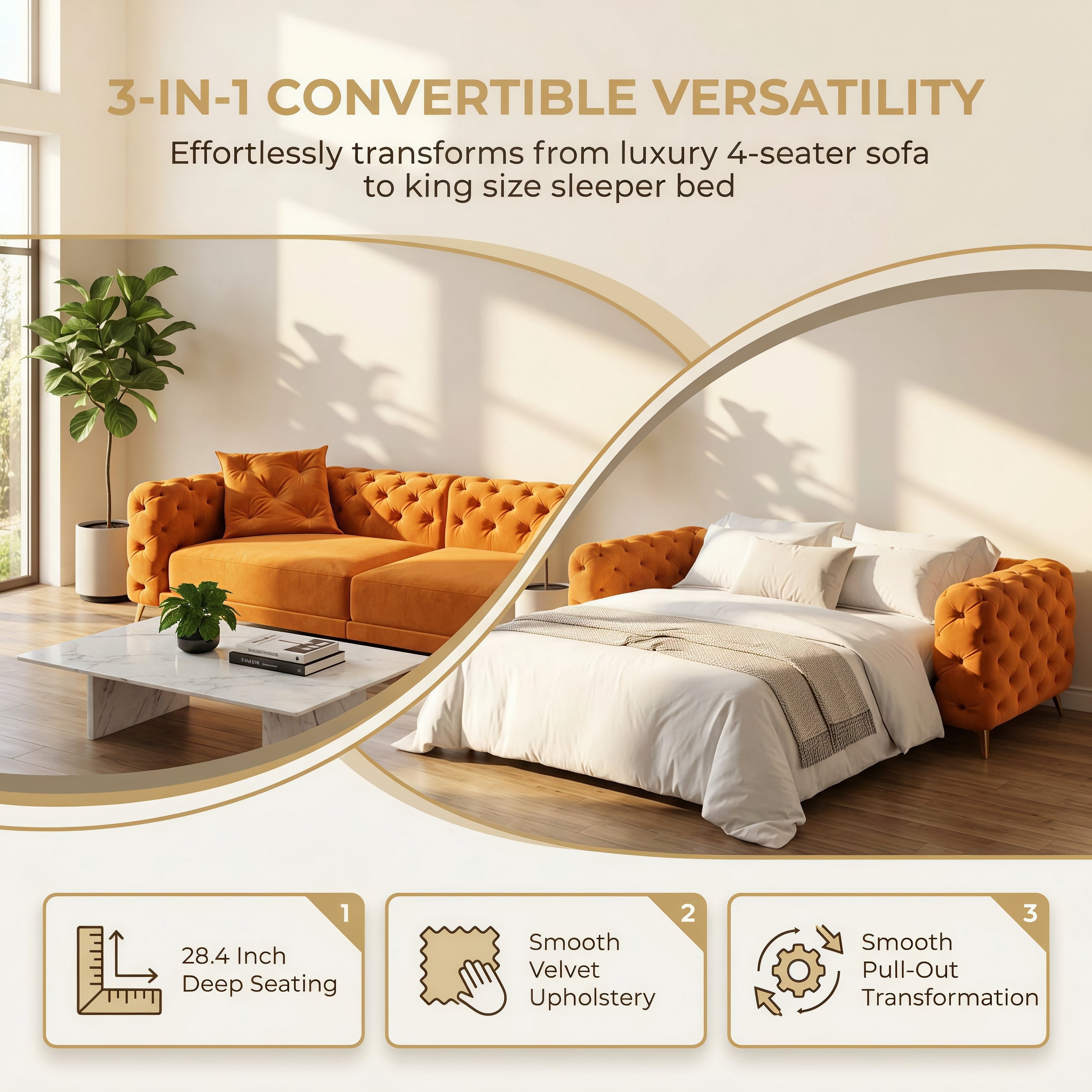 3-in-1 Velvet Sleeper Sofa Bed, 97.7" Modern Button Tufted Convertible Pull Out Couch with Gold Metal Legs & Deep Seat for Living Room, Orange