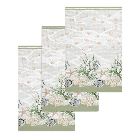 Sage Green Shell Kitchen Dish Towels for Drying Dishes Set of 3, Coastal Nautical Seahorse Conch Coral Waffle Weave Microfiber Hand Tea Bathroom Towels Quick Dry & Absorbent Towel 15.7x23.6