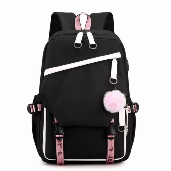Alikpop Large Capacity Laptop Adjustable Polyester School Backpack with Plush Pom-pom Charm, Black