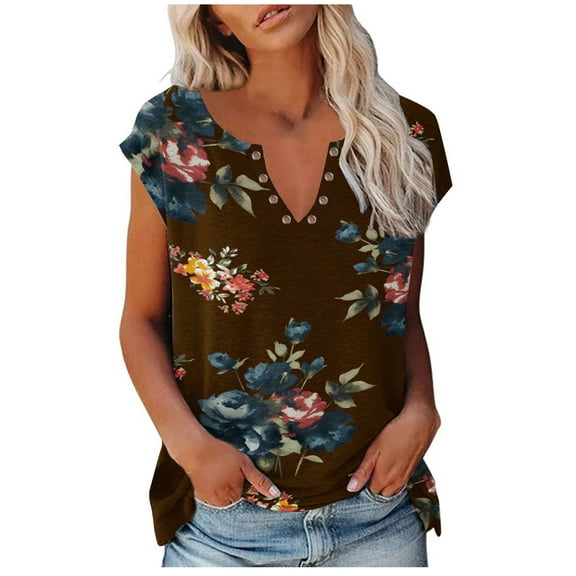 Wenini Womens Blouses and Tops Dressy Fashion Keyhole Loose Fit Breathable Tshirts Summer Striped Print Short Sleeve V-Neck Casual Shirts Brown l