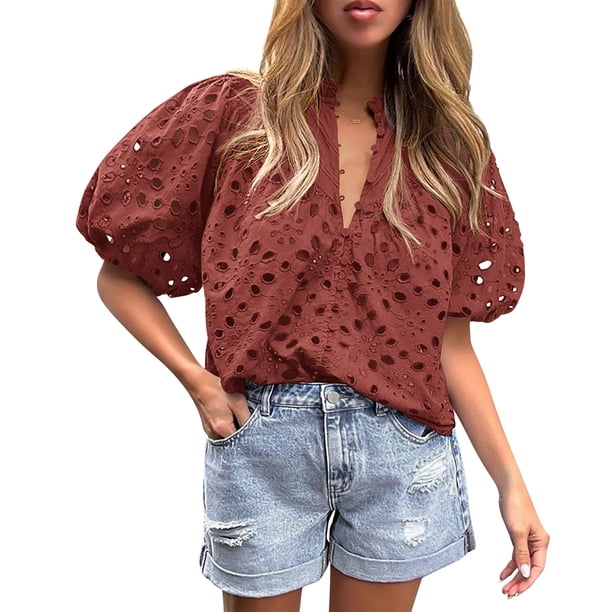 Blusa de Encaje con Cuello en V para Mujer PRETTYGARDEN Marrón Rojo XL