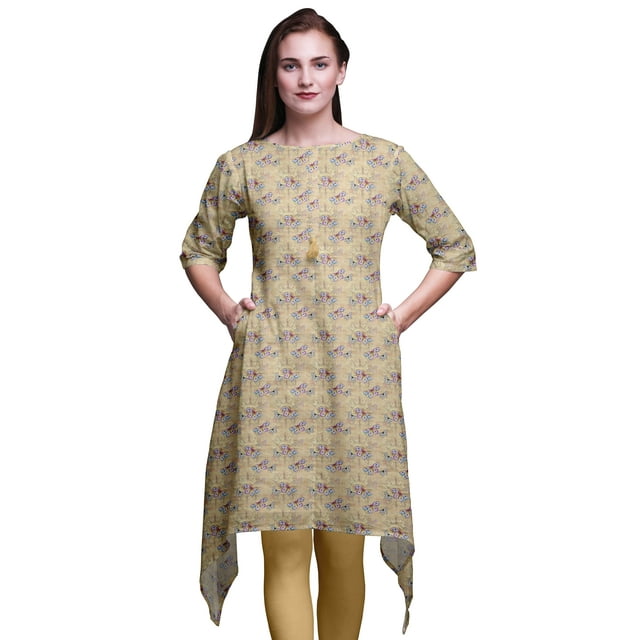 Bimba Kurta Orange pour Femmes et Horloge Ethnique Imprimée Asymétrique Hauts d'Été pour Femmes XSmall