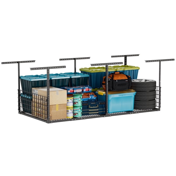 YOHKOH 4x8FT Overhead Garage Storage Rack, Heavy-Duty Adjustable Ceiling Shelving System (22"-42"H) with Side Guardrails, 700 lb Capacity