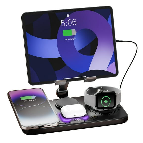6-in-1 Wireless Charging Station - 15W Max Fast Charging Dock, Compatible with iPhone 17-8/AirPods 3rd Gen/iWatch Ultra-SE, Tablet Stand, Clock Display & Atmosphere Light, Includes Type-C to C Cable