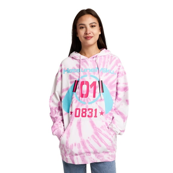 Hatsune Miku Bunny Ears Headphones 0831 Women's Purple Tie-Dye Long Sleeve Fleece Hooded Sweatshirt-Small