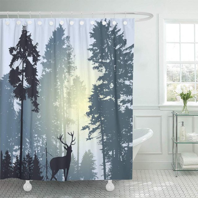 ABPHQTO Elk Paisaje Silueta de bosque árboles y ciervos Cortina de ducha gris 160x180 cm