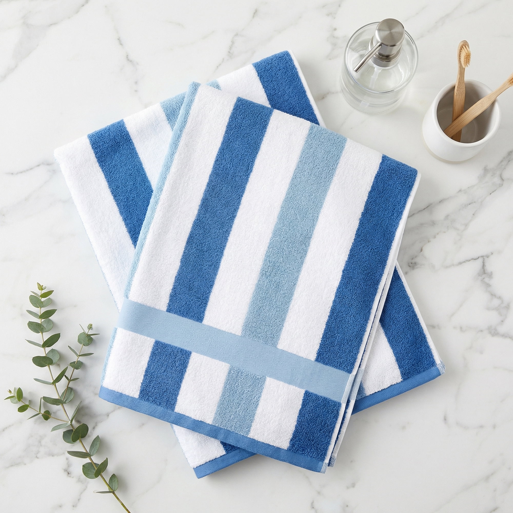 Unique Bargains Absorbent Stripe Ultra Soft Cotton Bath Towel Royal Blue 55" x 28"