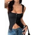 thumbnail image 2 of Womens Square Neck Button Down Ribbed Tank Tops Cute Sleeveless Summer Tops Black L, 2 of 7