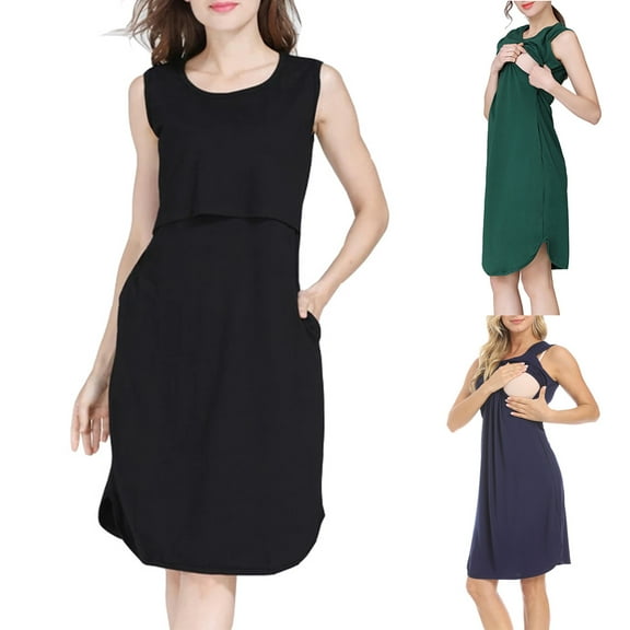 Jinhomg Womens Solid Nursing Dress Comfy Sleeveless Midi Breastfeeding Dress Fall Casual Maternity Pregnancy Dress Dark Blue M