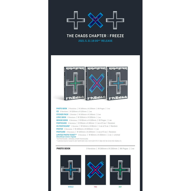 TXT - The Chaos Chapter: Freeze [World ver.] (The 2nd Album) [Pre Order]  CD+Photobook+Folded Poster+Others with Tracking, Extra Decorative Stickers, 