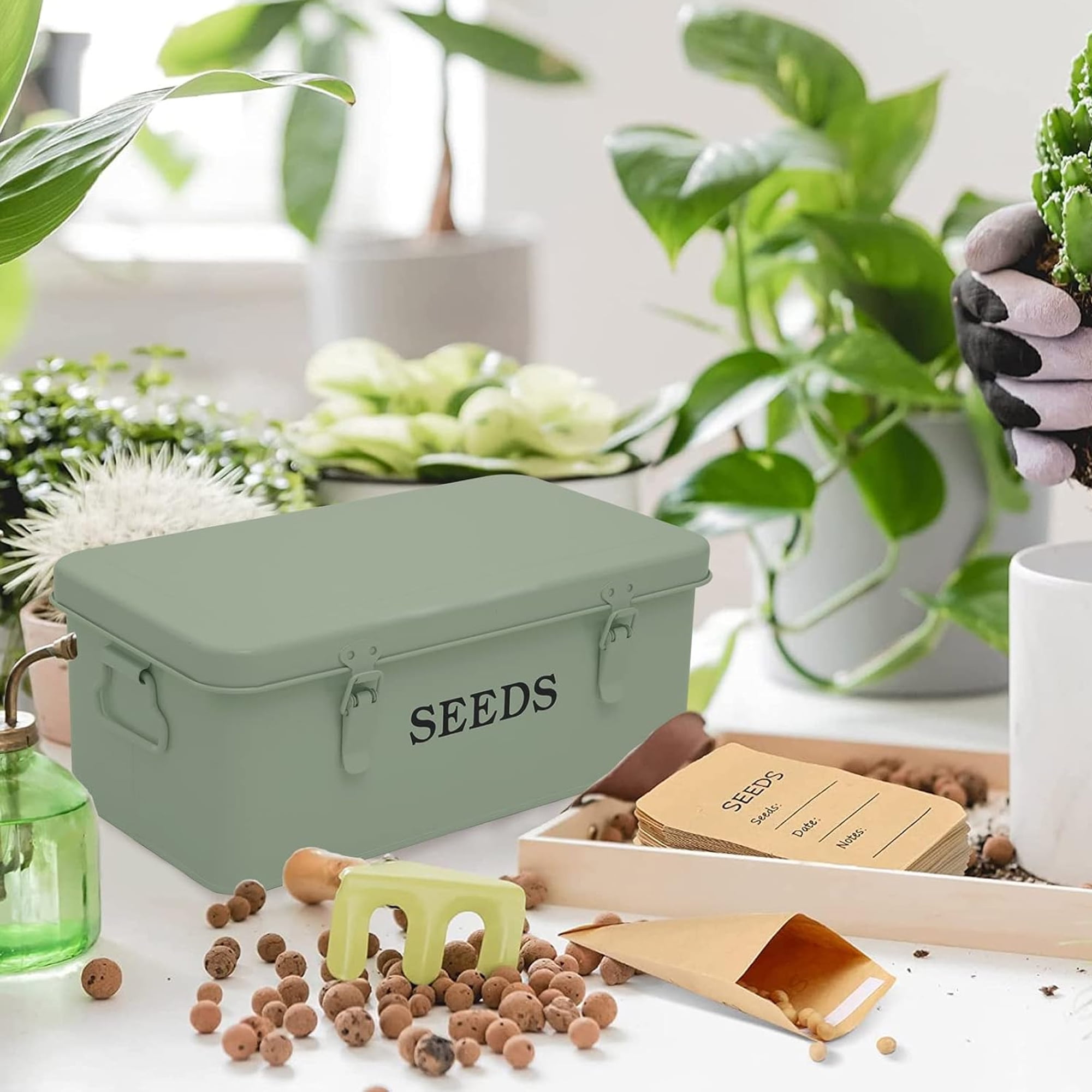 Pethiy Moisture-Proof Seed Storage Box, 4-Compartment Metal Organizer with Safety Lock, Lightweight Airtight Container for Garden Seed Packets & Envelopes - Green