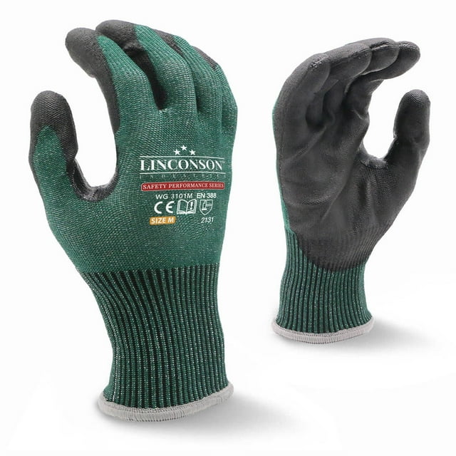 LINCONSON 3 Pack Level 5 Cut Resistant Safety Performance Series Construction Mechanic PU Work Gloves Thumb Double Reinforced (Medium,Green)