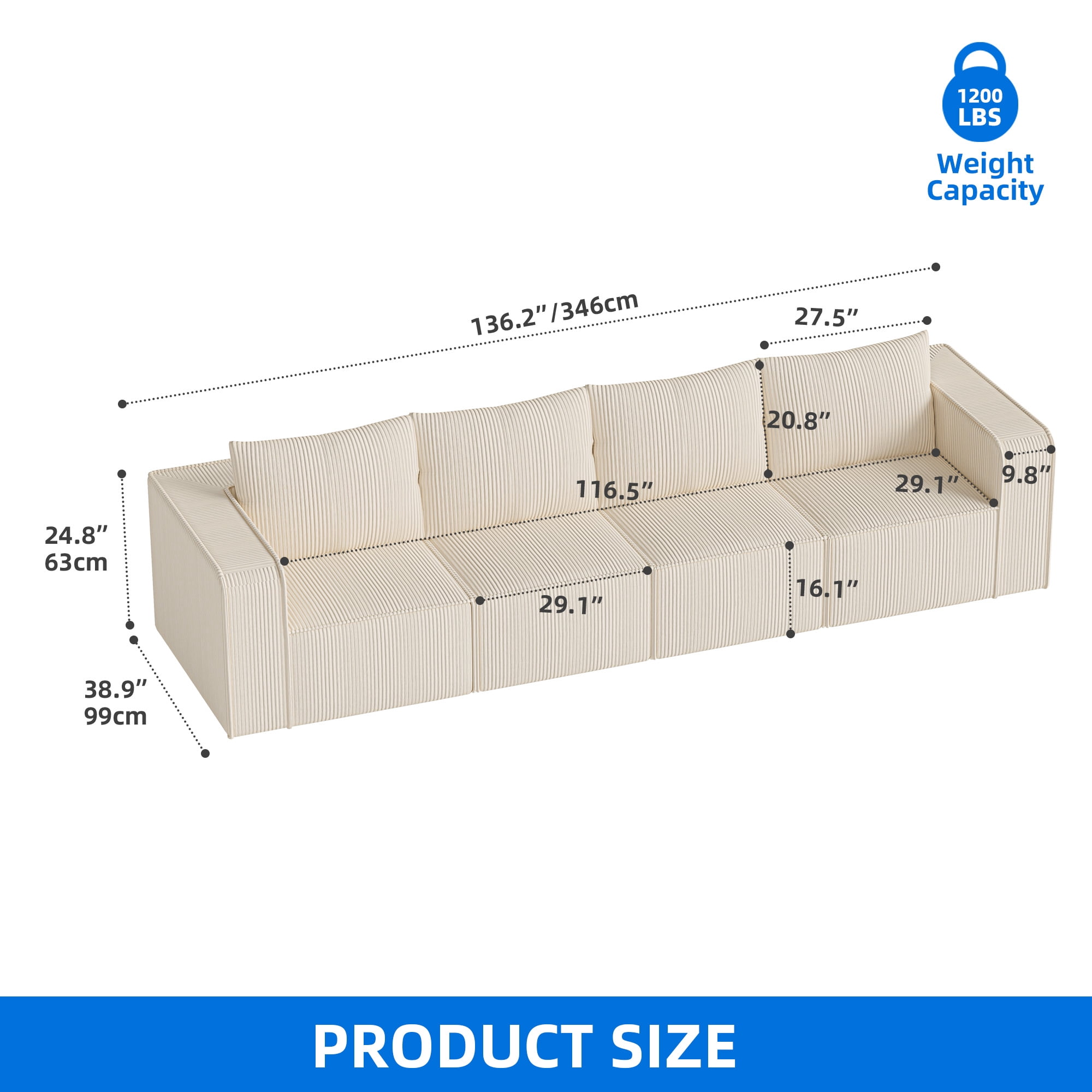 Uforic Cloud Sectional Sofa Couch with L-Shape Chaise, Deep Seat, 4 Pillows, Corduroy Upholstery for Indoor, White