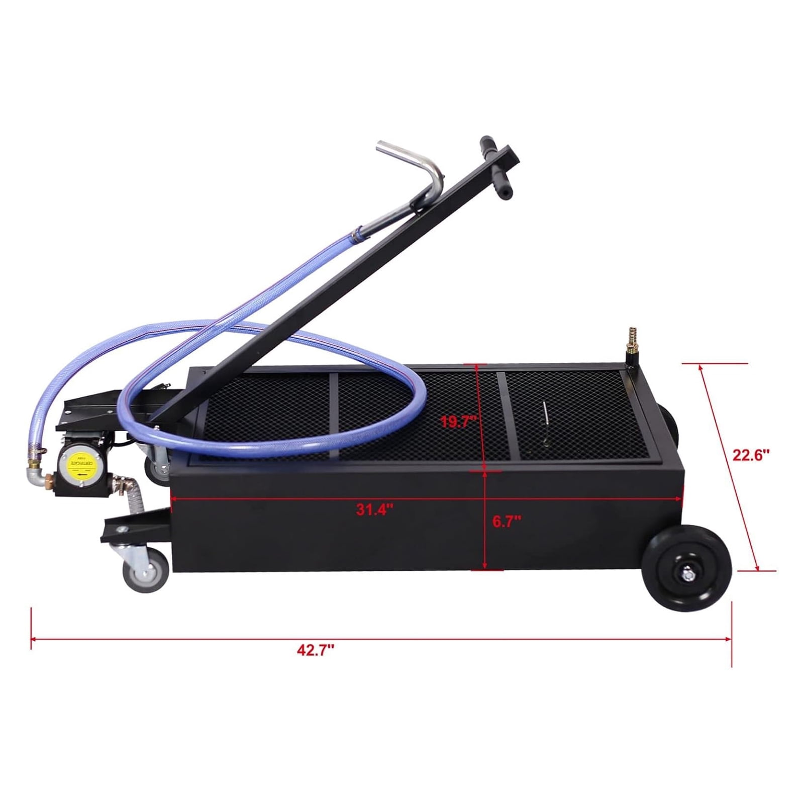 Low Profile Oil Drain Pan, Oil Drain Pan - Folding Handle, Heavy-Duty Mobile Oil Drain Tank with Locking Wheels & Filter Screen (High-Flow Pump, Black, 20 Gallon)