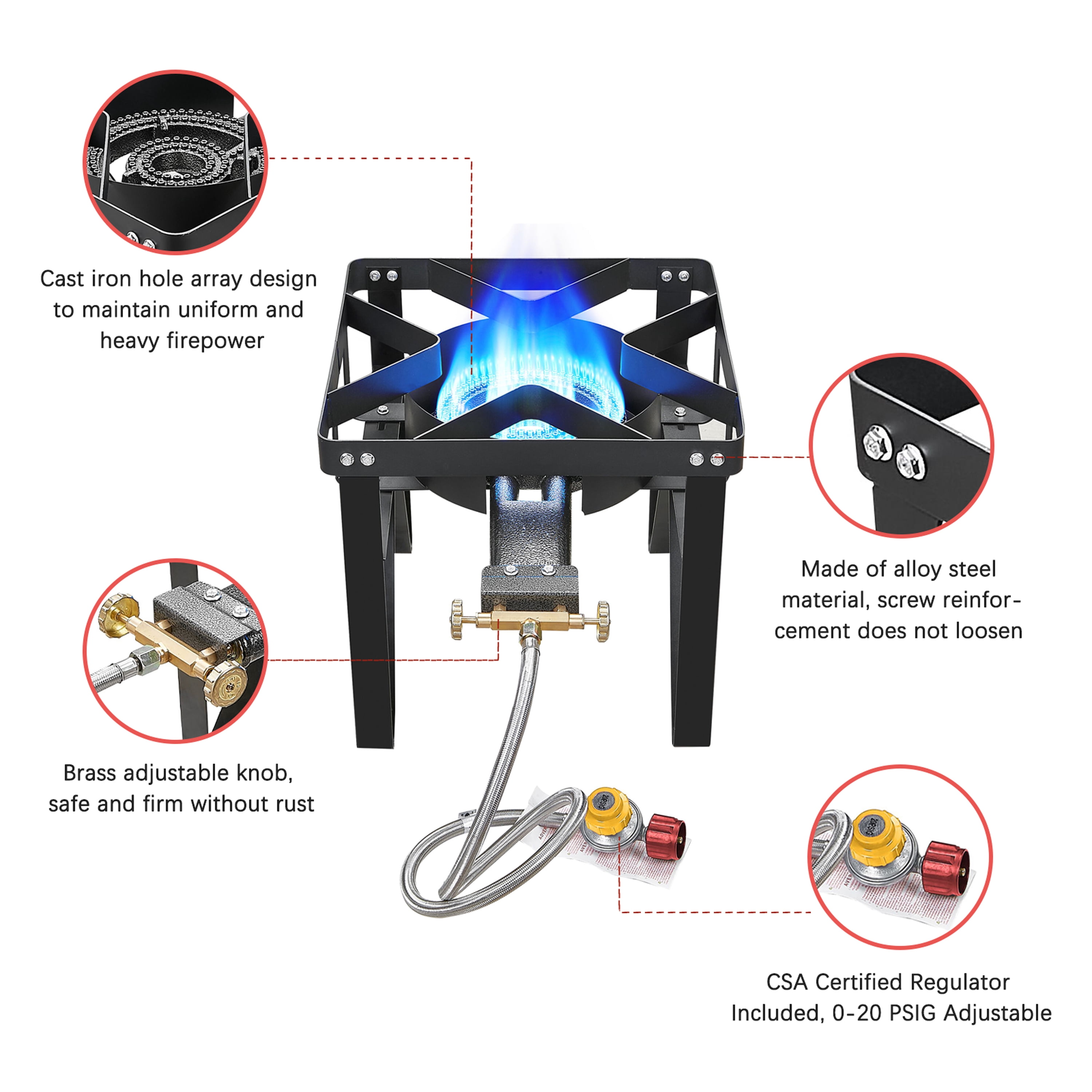 Vivicreate 185000 BTU camping outdoor cast iron party camp garden stove grill propane gas burner include CSA listed regulator and gas pipe