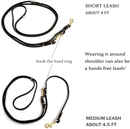 Multi Function 8ft Genuine Leather Hands Free Dog Training Leash for Puppy Small and Medium Dogs (8 Foot*3/8 inch, Black)