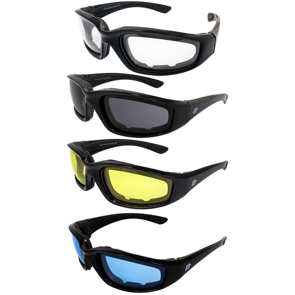 Birdz 4 Pair Padded Motorcycle Riding Glasses Anti Fog Lenses Smoke Clear Yellow Light Blue