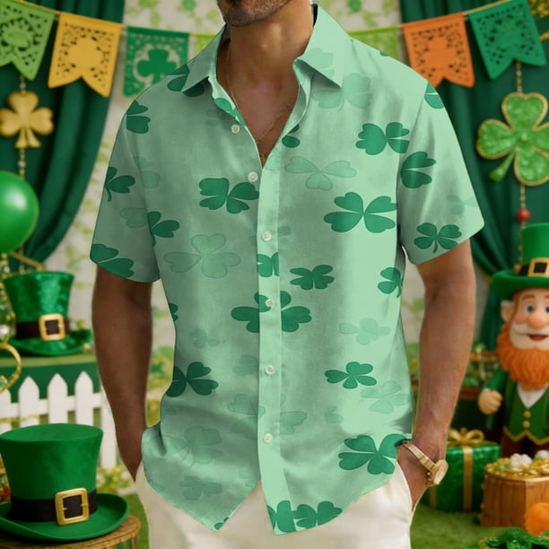 Ceisia Men's St. Patrick's Day Clover Print Short Sleeve Button-Down Shirt Collection | Dual-Tone Clover Layered Print Button-Up Shirt Gifts