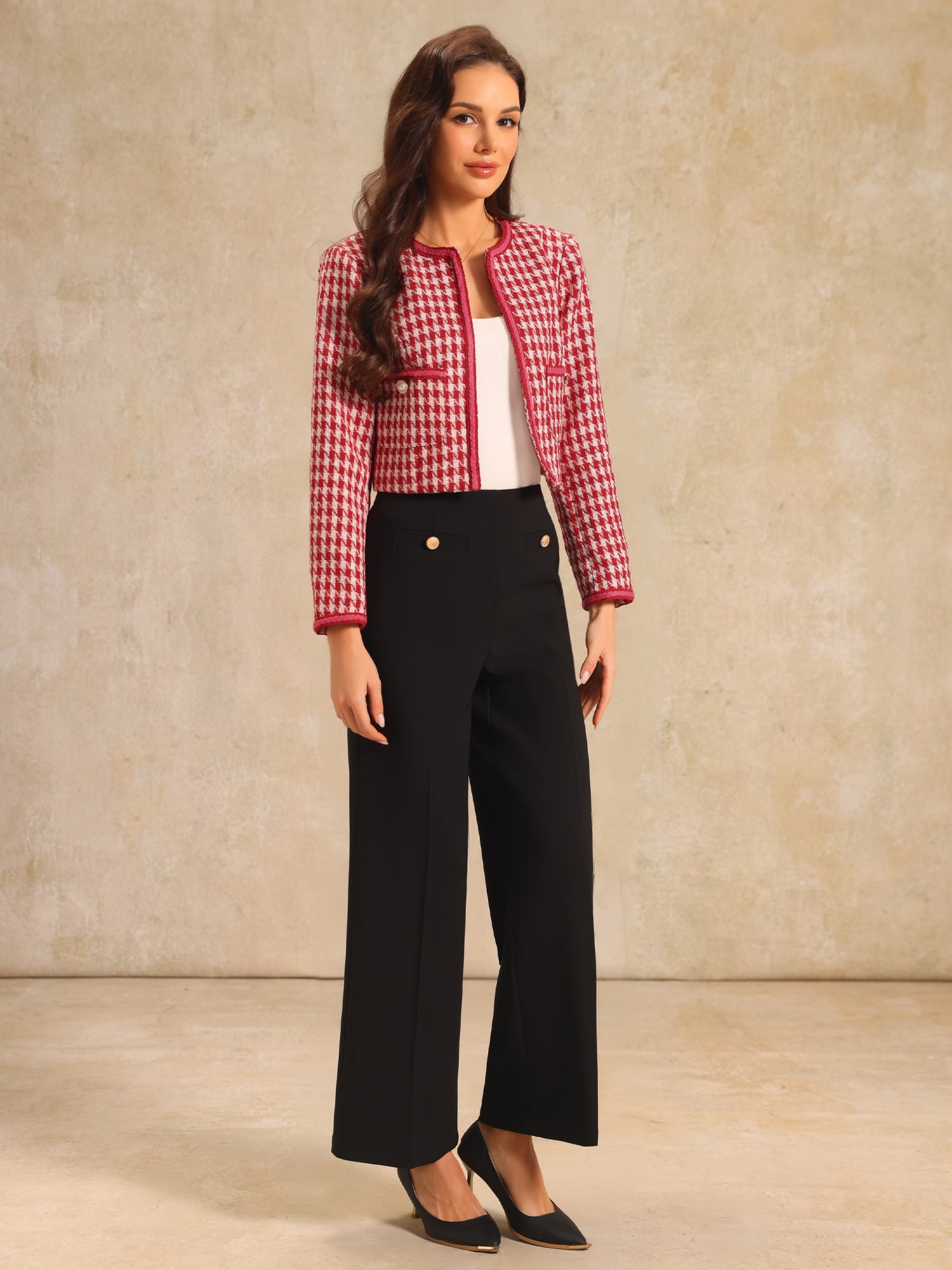DARING DIVA Women's Houndstooth Collarless Plaid Cropped Tweed Jacket L Deep Red