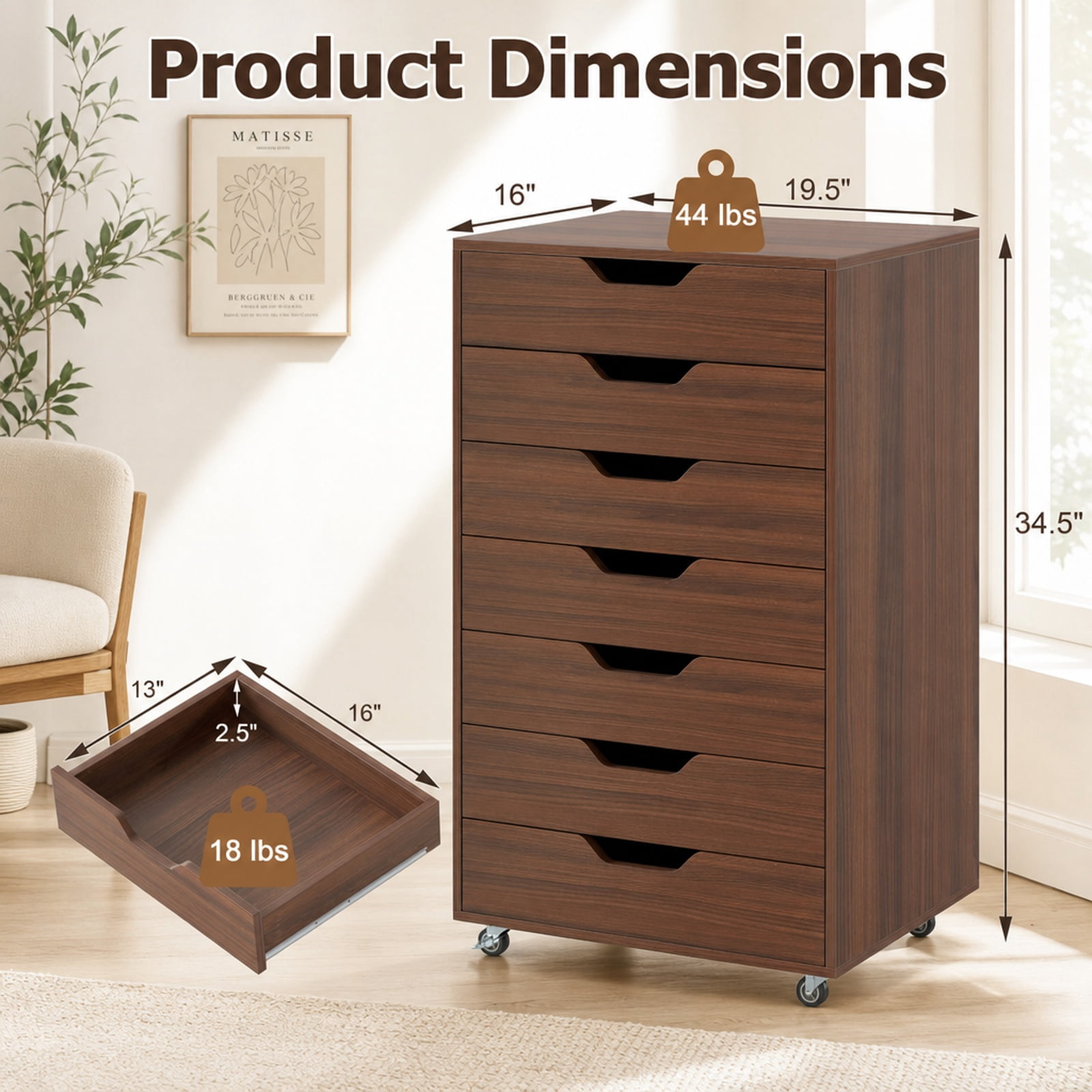 Furnibear 7-Drawer Chest Wooden Storage Dresser with Lockable Wheels for Home Office Filing Document Letter Legal Storage, Walnut