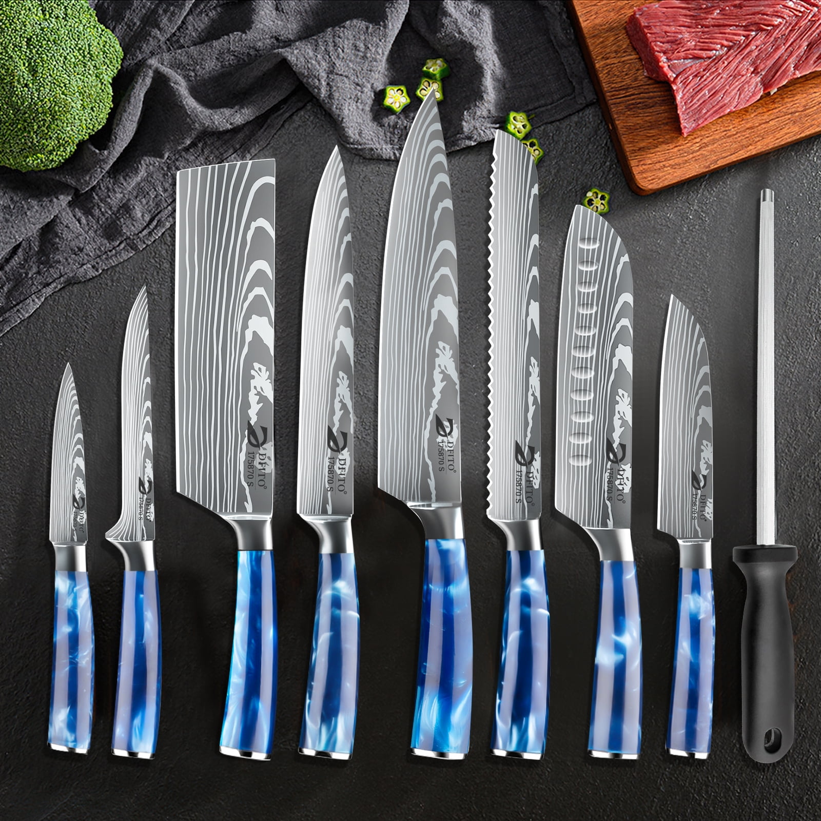Kitchen Knife Set,DFITO 8 Pcs Professional Chef Kitchen Knife Set, Stainless Steel Cooking Knife Set, Blue