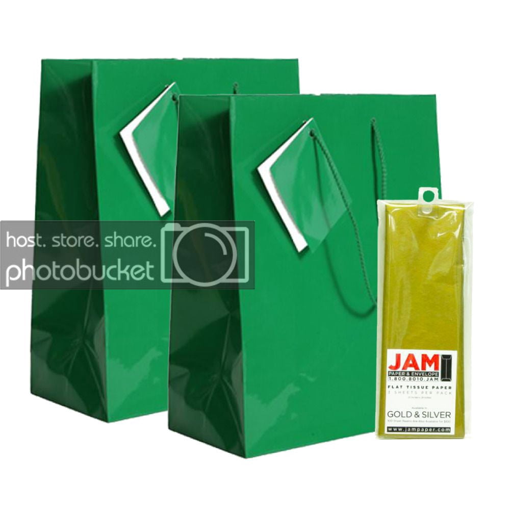 JAM Gift Bag Assortment, 2 Green Bags & 2 Packs Gold Tissue Paper, 4/Pack