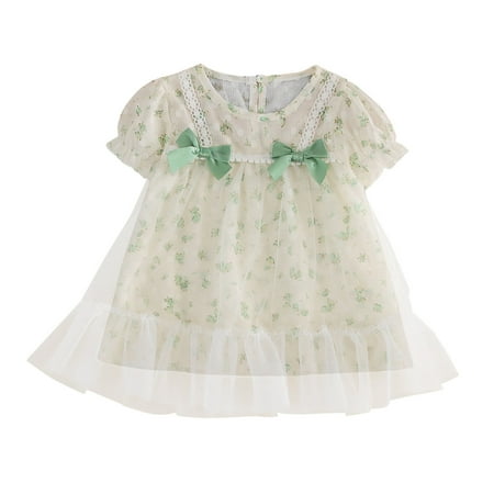 

IROINNID Toddler Girl s Strapless Sundress Short Sleeve Printed Mesh Round Neck Casual Fresh Style Dress 1-5Years