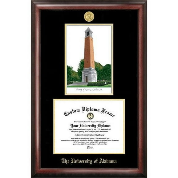 University of Alabama, Tuscaloosa 8.5" x 11" Gold Embossed Diploma Frame with Campus Images Lithograph