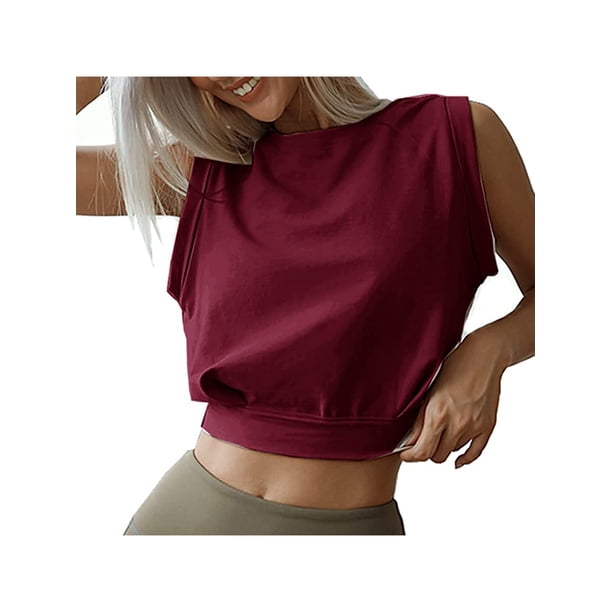 VISgogo, camisetas sin mangas deportivas cortas para mujer, Top corto de Yoga con cuello redondo liso sin mangas, chaleco de ombligo de entrenamiento de verano para mujer VISgogo moda