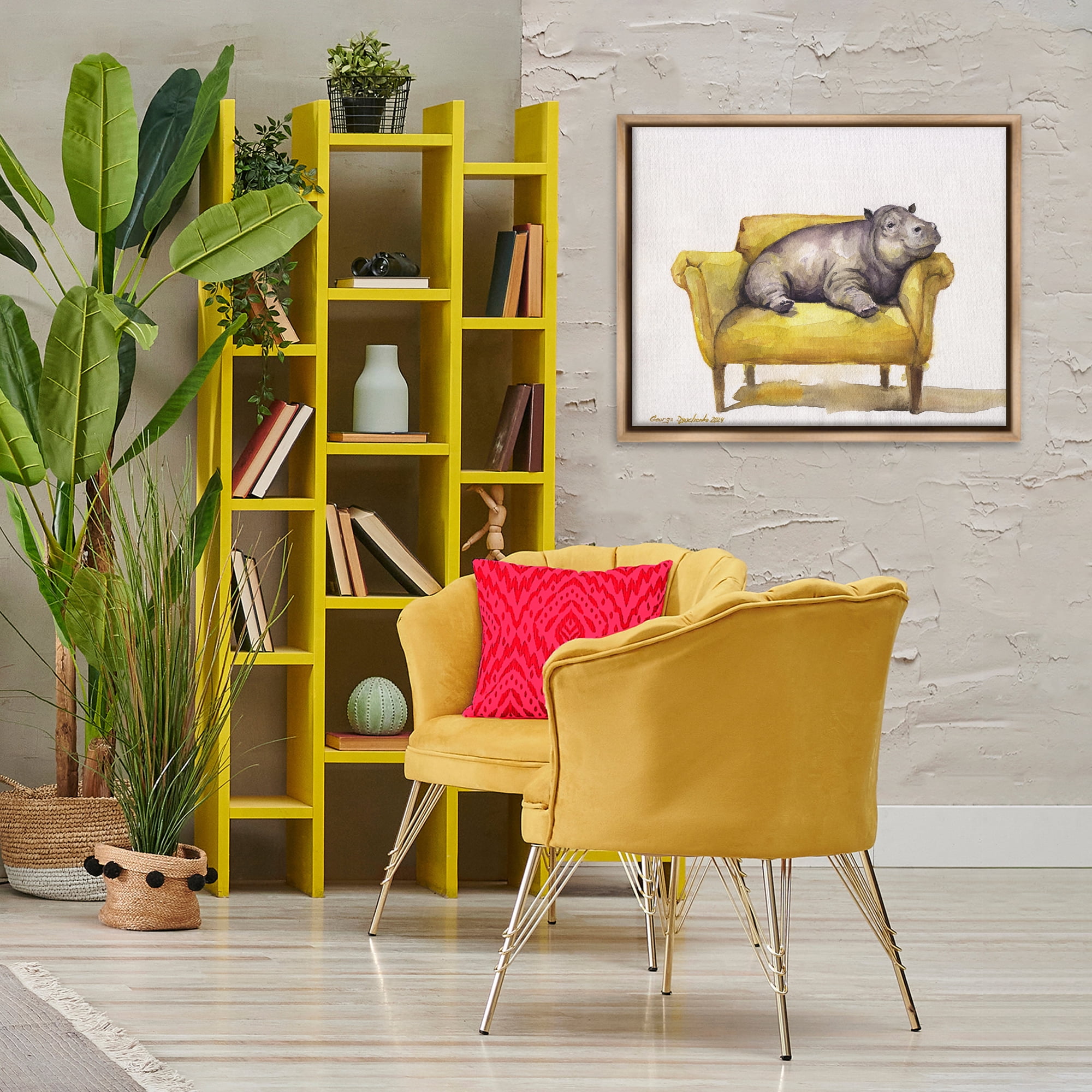 Stupell Industries Hippo on Yellow Chair Animals Painting Brown Floater Framed Canvas Art Print Wall Art, 31 x 25