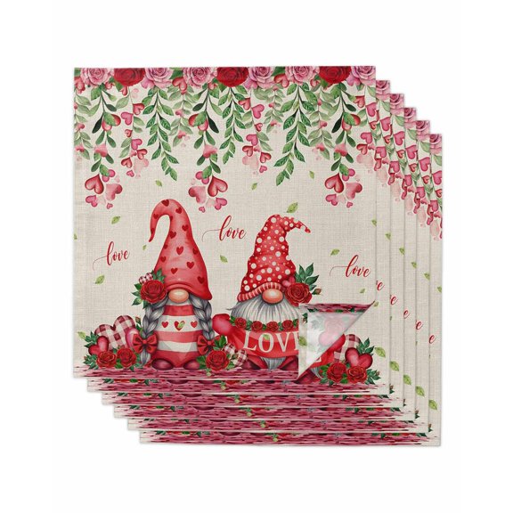 Red Gnomes Cloth Napkins Set of 6 Reusable Dinner Napkins, Valentine Roses Leaves Love Beige Rustic Cocktail Napkin Washable Table Napkins for Wedding/Holiday Party/Baby Shower 20"x20"