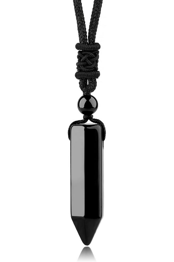 Hexagonal Crystal Points Pendant Necklace Black Obsidian Healing Stone Necklace Adjustable Rope Reiki Gemstone Necklace Handmade Jewelry for Men Women