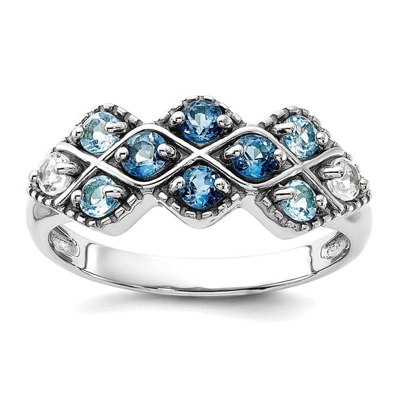 925 Sterling Silver Rhodium Plated London Lt. Swiss Blue and White Topaz Ring Size 8 2.34mm Wide Ring for Women