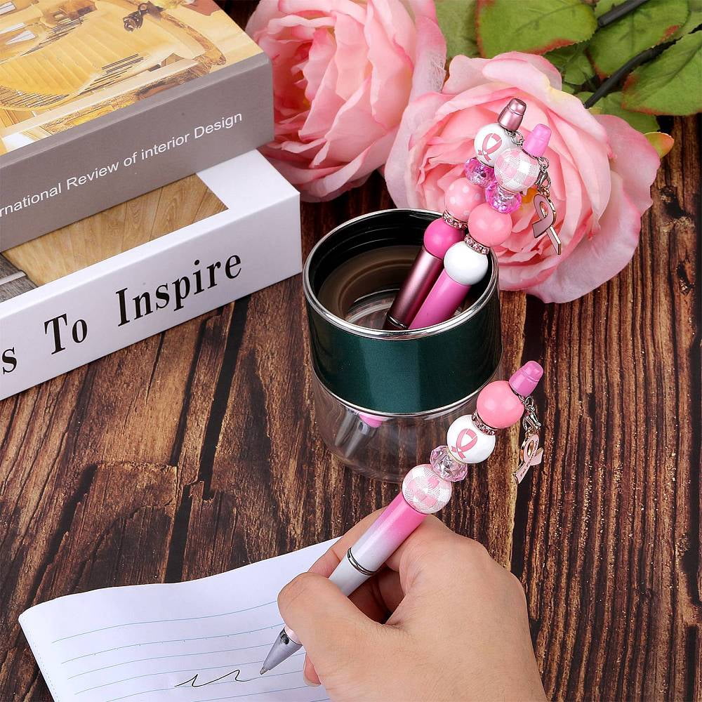 DIY Breast Cancer Awareness Theme Beadable Pen Making Kit Including Alloy Enamel Ribbon Pendant Wood & Glass European Beads ABS Plastic Ball-Point Pen Pink 162pcs/box