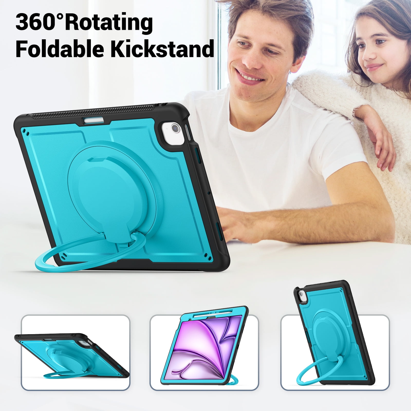 Shockproof Case for Apple iPad Air 13 Inch 2024 M2, Rugged Hybrid Protective Cover with Pencil Holder & Shoulder Strap Kids Friendly Rotating Kickstand Case for iPad Air 13" 2024, Lightblue