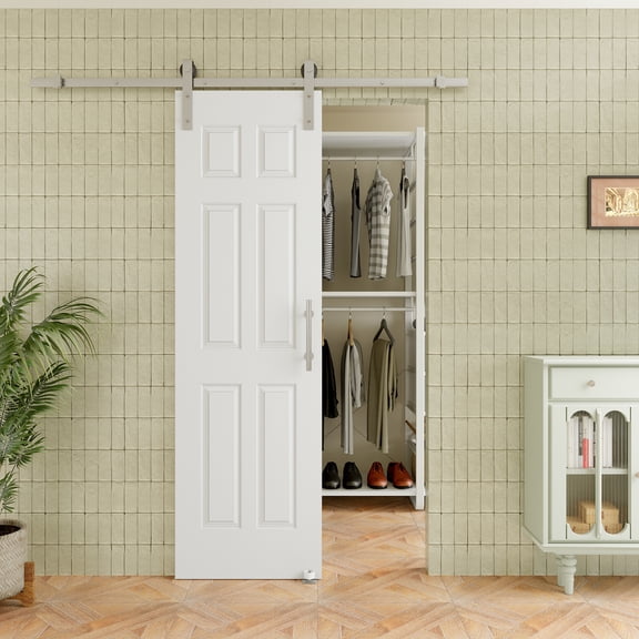 24" x 80" 6-Lite Waterproof White Primed Solid Core Composite MDF Wood Sliding Barn Door With Hardware Kit