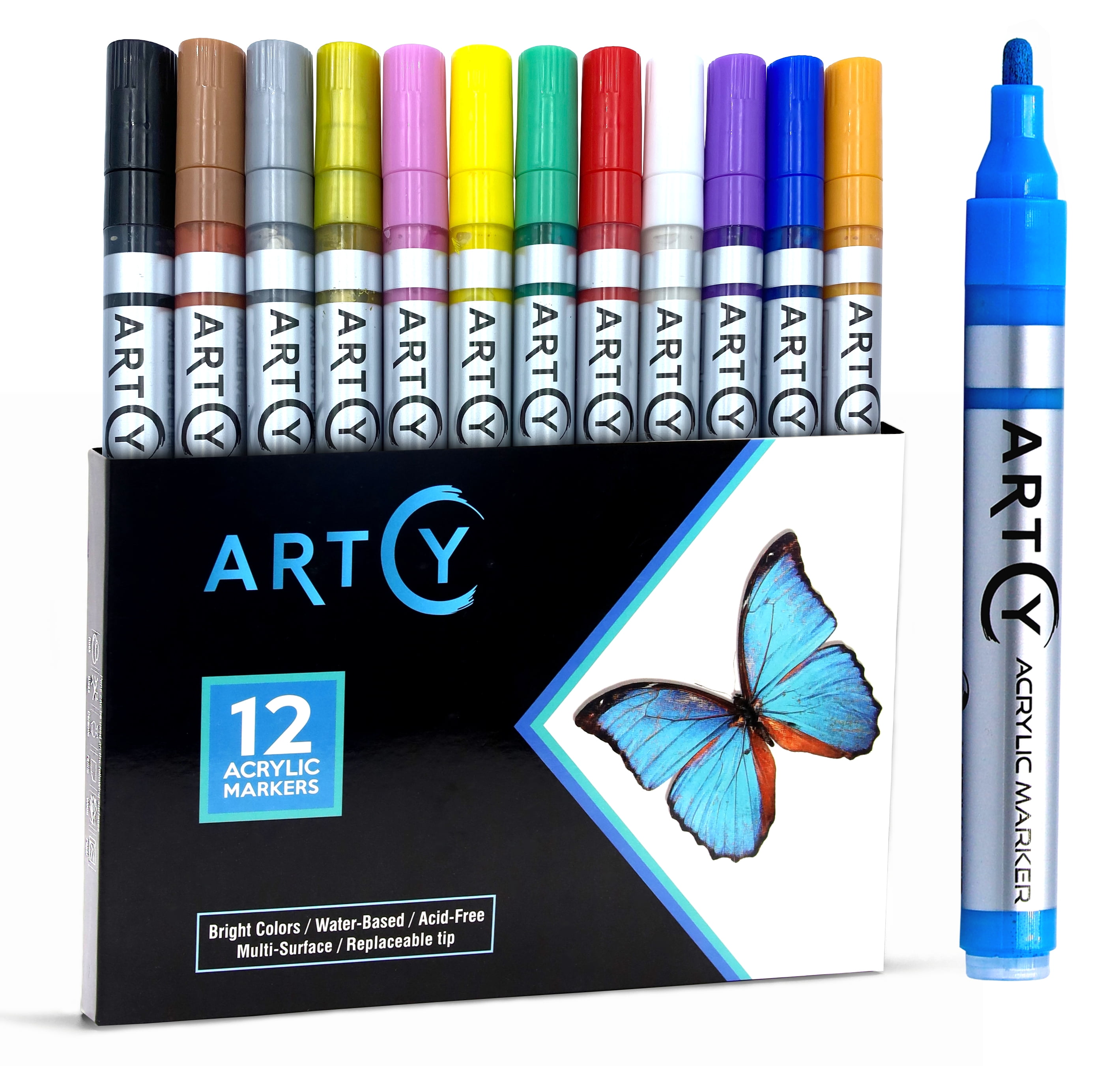 Acrylic Paint Pens - 12 Acrylic Paint Markers Medium Tip (2mm) | Great for Rock Painting, Canvas, Glass, Porcelain, Fabric, Paper, Pottery and Plastic