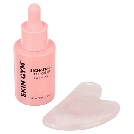 Skin Gym Rose Quartz Gua Sha Workout Kit, Rose Quartz Sculpty Heart Gua Sha + Signature Face Oil Value Added Kit for Glowing, Radiant Skin, 1 fl oz.