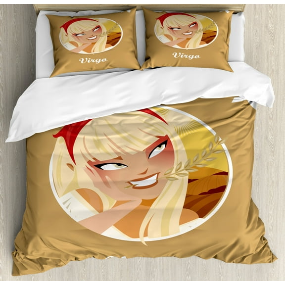 Zodiac Virgo King Size Duvet Cover Set, Cheerful Teenage Cartoon Girl with Biting an Ear of Wheat Happiness Nature, Decorative 3 Piece Bedding Set with 2 Pillow Shams, Multicolor, by Ambesonne