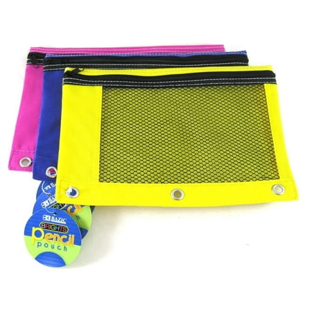 3 Ring Pencil Pouch - 3 Pk, BAZIC Bright Color 3-Ring Pencil Pouch-Mesh Window, Girls