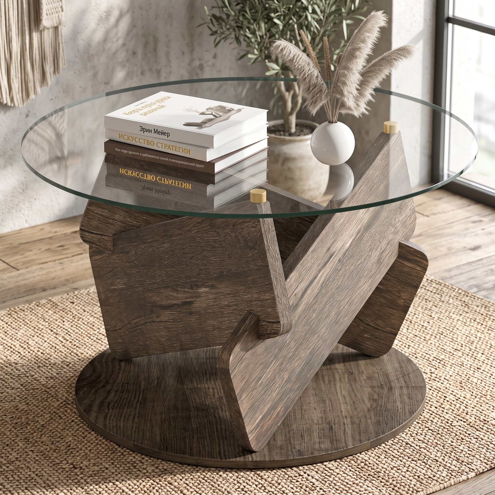 Furnibear Round Glass Coffee Table, 32 Inch Modern Center Table with Tempered Glass Top and Solid Rubberwood Base for Living Room Office Reception, Gray
