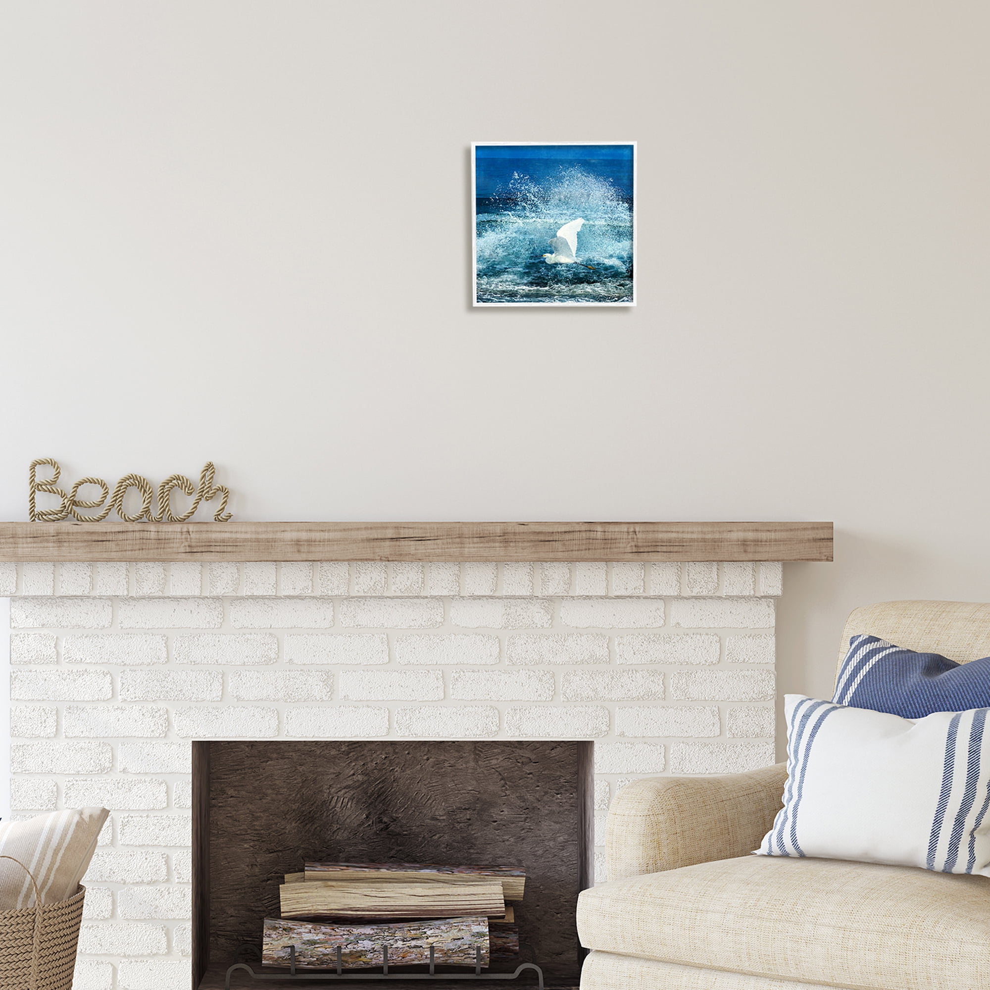 Stupell Industries Egret Flying Waves Splashing Coastal Painting White Framed Art Print Wall Art