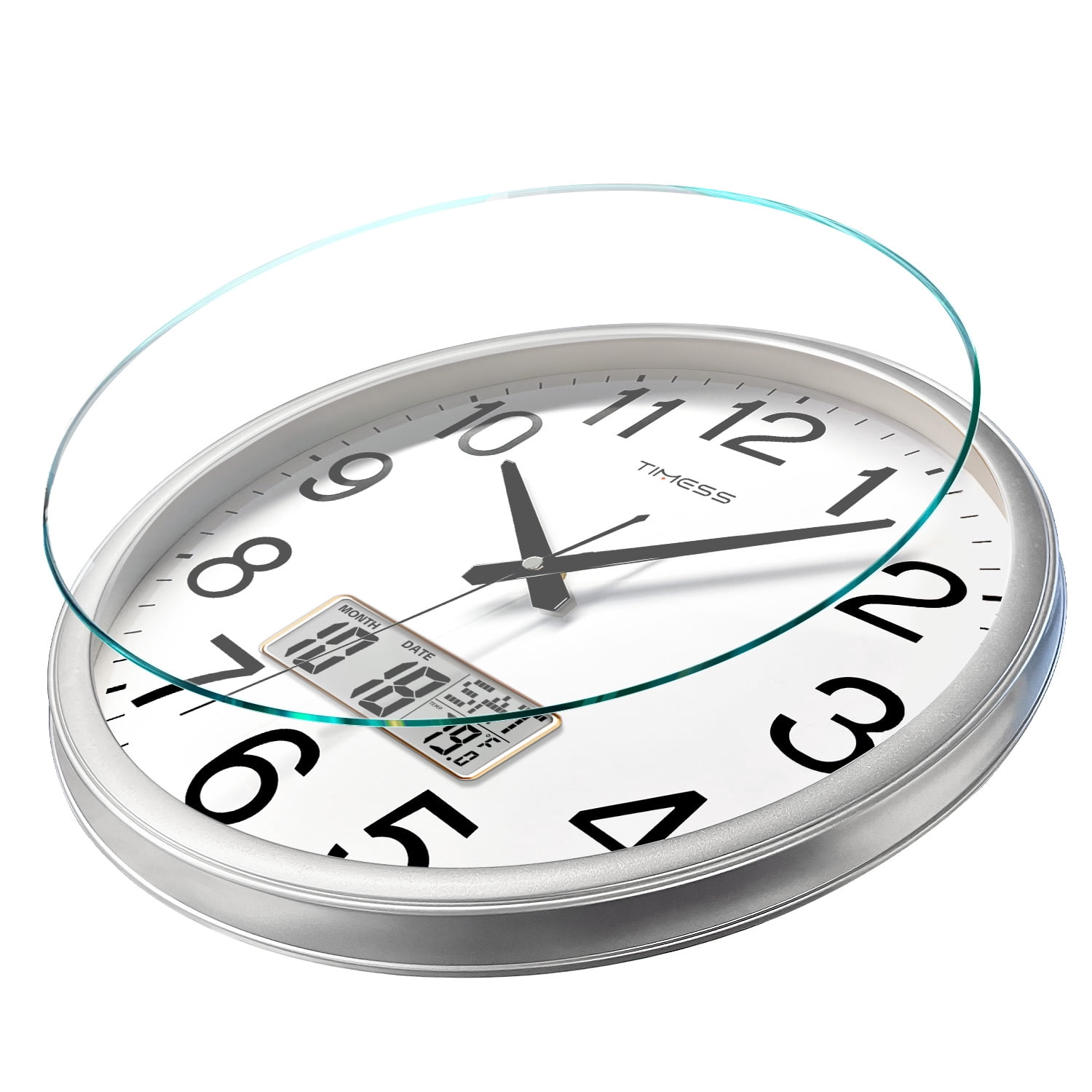 TIMESS 13" Digital Wall Clock with Silver Frame, Date, Weekday & Temperature Display, Quiet Movement