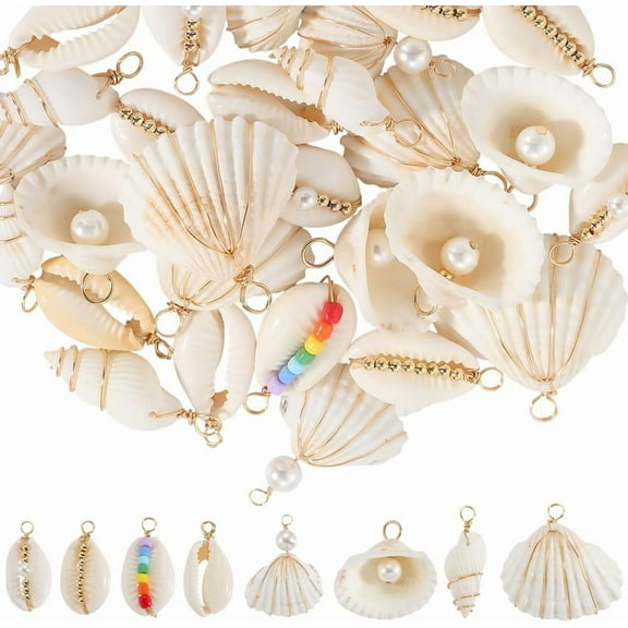 1 Box 32Pcs 8 Styles Natural Shell Charms Seashell Charms Bulk White Imitation Pearl Sea Conch Summer Life Loop Dangle Pendants