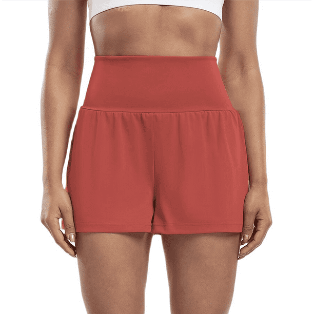 Pantalones Cortos Fluidos para Correr, para Mujer, para Entrenamiento, Atletismo, Gimnasio, Yoga, Cintura Alta, con Bolsillos, Verano. Marrón Rojo L