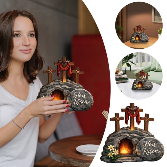 Wooden Easter Empty Tomb,Jesus Resurrection Scene with Rolling Stone,Religious Handcrafted Tabletop Decor for Home Office Christian Holiday Centerpiece