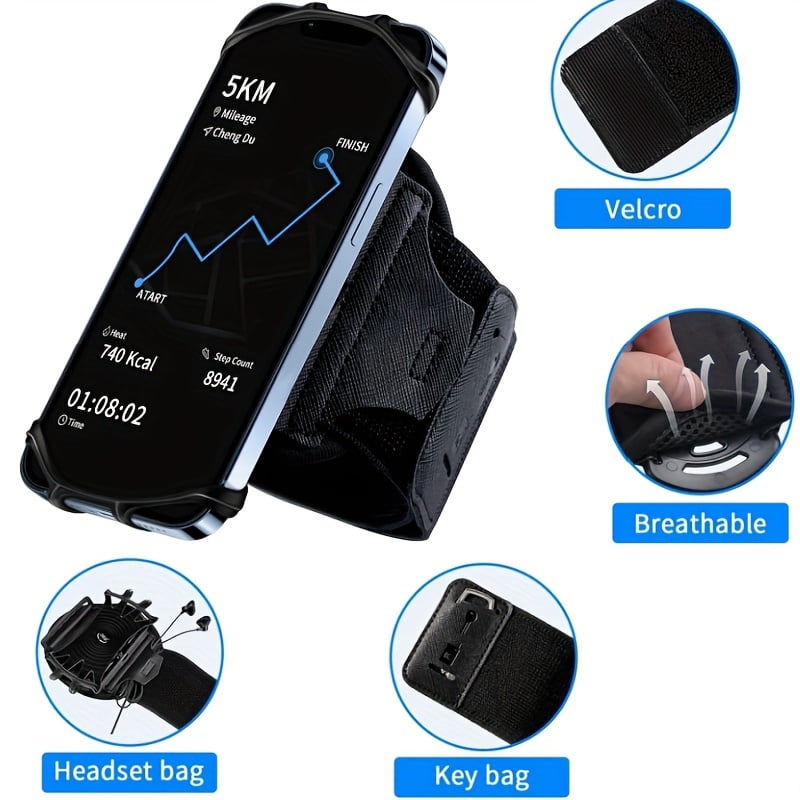 Wrist phone stand, removable, 360° rotation, suitable for iPhone 16/ 15/ 14/ 13/ 12/ Pro/ Pro Max/ XS/ XR/ X/ 8/ 7/ 6/, 4.7-6.5-inch smartphone, with key ring mobile arm strap, suitable for fitness